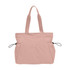 A lightweight tote bag in soft pink, featuring yoga mat straps and two side pockets, with a branding logo.