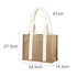 A jute tote bag in natural beige with white handles, featuring measurements for size reference.