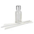 A glass scented diffuser bottle with a silver lid and five white reeds arranged beside it.