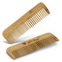 Two bamboo hair combs, one flat and one angled, featuring a logo on the surface.