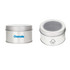 A small silver tin can with a clear lid, featuring a logo on one side and an FSC logo on the other.