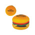 A hamburger-shaped stress reliever in vibrant yellow, green, red, and brown, featuring a logo on the top.