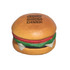 A hamburger-shaped stress reliever in brown, red, green, and white, featuring a logo on top.