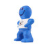 A blue, smiling stress reliever in the shape of a person, wearing a white shirt with a logo.