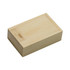 A wooden slide box in a light natural bamboo finish, featuring a smooth, rectangular design and a simple logo.