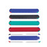 A set of rulers in blue, black, green, and red, accompanied by four ballpoint pens. The rulers have markings and a logo.