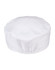 A white chef's cap with a round, gathered design. Features a logo on the side.