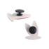 Two white clog shoe charms with a black button, featuring unique shapes and designs.