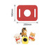 Red clog shoe charm with three animal designs: a sheep, horse, and dog, plus a yellow square piece.