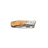 A pocket knife with a stainless steel blade and a wooden handle, featuring a silver metal finish and design elements.