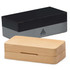 A wooden box in a light colour, featuring a dark lid and a logo, designed for storing a product.