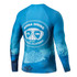 A long-sleeved rashie in blue tones featuring a scuba diving graphic and a logo on the back.