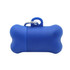 A blue dog waste bag dispenser in a bone shape with a metal clip attachment. It features a simple design.