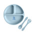 A blue silicone kids suction plate with three compartments and a spoon and fork set. The plate features a logo.