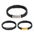 A double-row braided leather bracelet in black, featuring a metal clasp and an engraved logo.