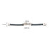 An engraved leather bracelet featuring a black strap with blue stitching and a silver clasp. Dimensions included.