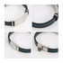 A black leather bracelet featuring blue stitching and a shiny silver clasp. It includes a branding logo on the clasp.