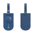 A blue luggage tag featuring a circular attachment and a textured design, with a pocket on one side.