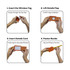 A set of four images illustrating the steps to use the orange MiTag Duo Luggage Tag, showing hands performing each action.