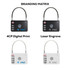A set of four luggage locks in black and white, featuring combination dials and branding logos.