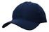 A navy blue cotton twill cap with a buckle and a logo on the front.