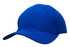 A blue cotton twill cap with a buckle and a logo on the front.