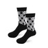 Custom patterned woven bamboo socks in black and white with a towel bottom feature and a logo.