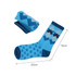 Crew woven work socks in shades of blue with a geometric pattern, one sock laid out and one rolled up beside it.