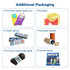 A display of various packaging options, including custom boxes, paper cylinders, and a counter display for socks.