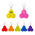 A trio of bubble-popping keychains in yellow, pink, orange, green, blue, and purple, each with a keyring attachment.