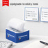 A cube of sticky notes in blue, with multiple blank notes and a logo on the side.
