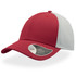 A red and white cap with a mid visor, featuring a logo on the side.