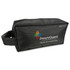 A black toiletry bag with a mesh design and a handle, featuring a logo on the front.