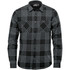 A button-up men's shirt in black and grey plaid, featuring two front pockets and a collar. Includes a logo.