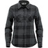 A women's long-sleeve button-up shirt in black with a grey checkered pattern and two chest pockets. It has a logo.