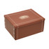 A large brown keepsake box with a textured finish and decorative stitching, featuring a logo on the lid.