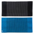 A reversible two-tone towel featuring black with stripes on one side and blue with stripes on the other side. It has a logo.