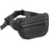 A black quilted waist bag with two zippered pockets and an adjustable strap. It features a branded logo.
