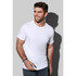 A white men's cotton T-shirt displayed on a model against a grey background. The shirt features a crew neck and short sleeves.