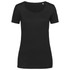 A black women's t-shirt with a scoop neckline and short sleeves, featuring a branding logo.