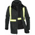 A dark green reflective parka with yellow stripes and a detachable inner jacket. It features a hood and pockets.