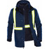 A navy blue reflective parka with yellow stripes, featuring a zip design and a removable inner layer.