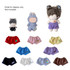 A selection of plush doll shorts in various colours, including blue, purple, white, and grey, with a display of dolls.