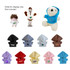 A collection of plush dolls wearing various coloured hoodies, including black, blue, pink, and yellow, with logo branding.
