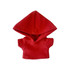 A red plush doll hoodie featuring a large hood and short sleeves. The item includes a logo.