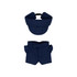 A plush doll racing suit set featuring a navy cap and matching shorts. The set includes a cap with a logo.