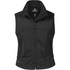 A black women's vest with a high collar, featuring zippered pockets and a logo.