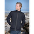 A black men's softshell jacket is displayed against a beach backdrop with driftwood. The jacket features a zip front and has a logo.