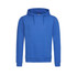 A blue men's hooded sweatshirt featuring a front pocket and drawstring hood. It has a simple design with a logo.