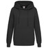 A black women's hooded sweatshirt featuring a front pocket and a logo.